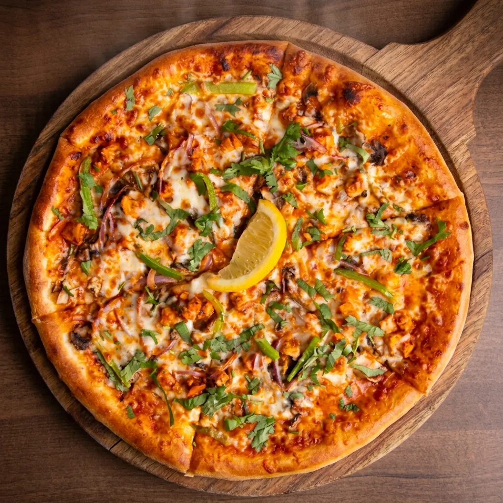 Butter chicken pizza with creamy sauce, red onion and mozzarella at New York Pizzeria Calgary and Okotoks