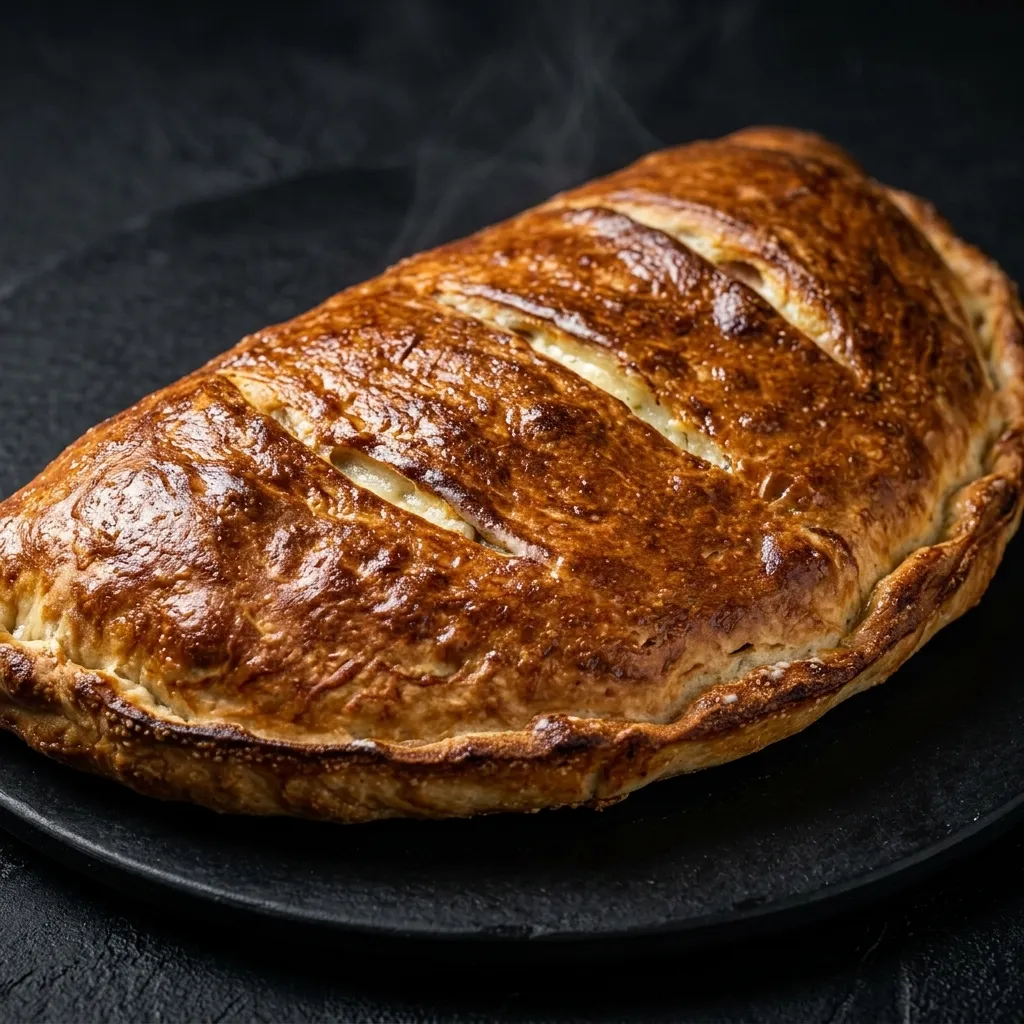 Oven-baked calzone stuffed with cheese at New York Pizzeria Calgary and Okotoks