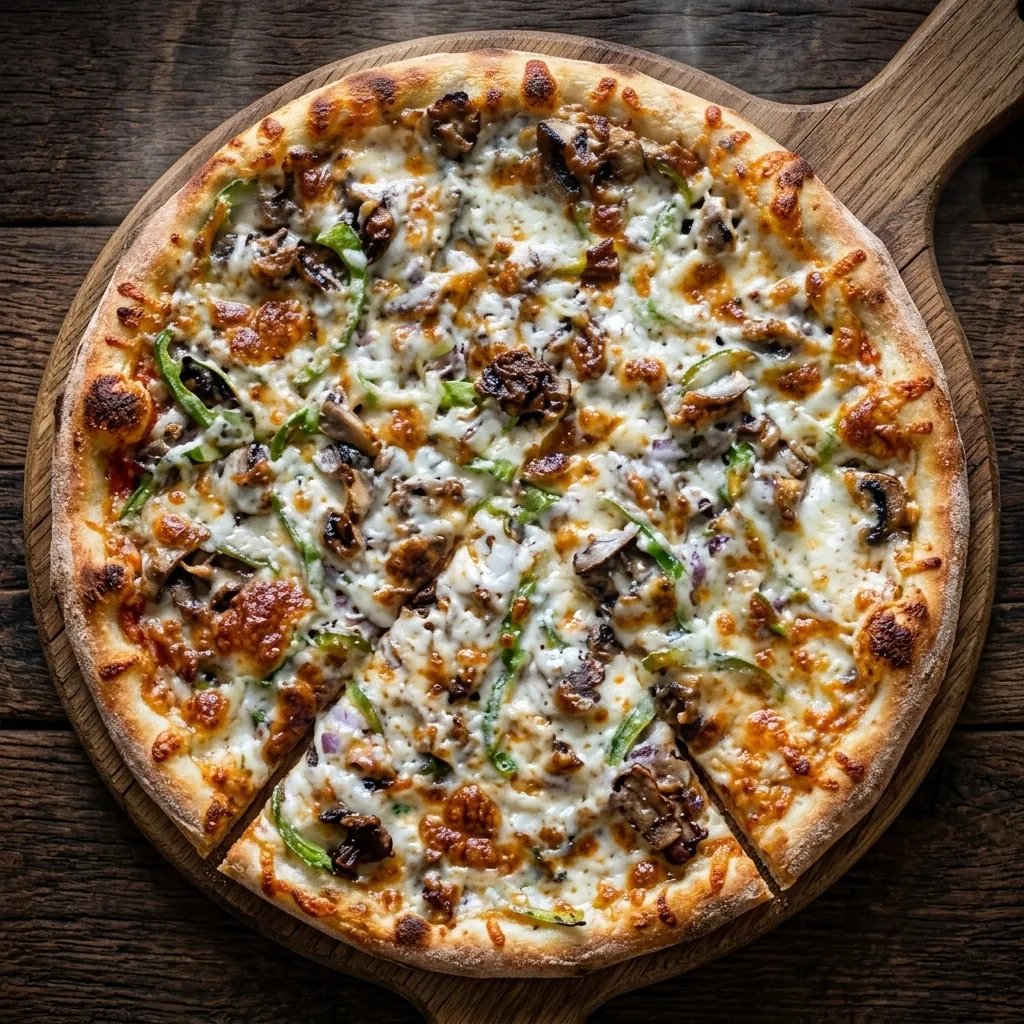 New York Pizzeria Philly Cheesesteak Pizza with sliced beef steak and alfredo